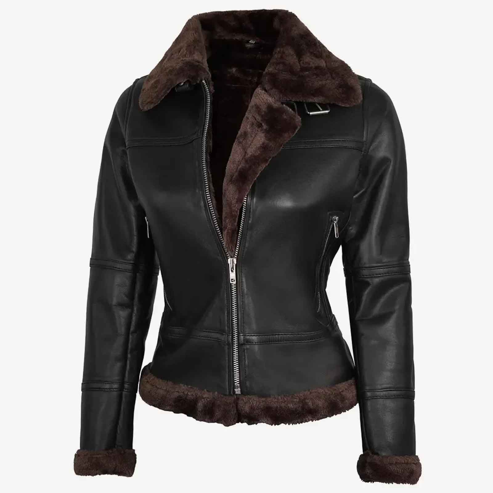 Genuine Leather Shearling Bomber Jacket Women | RAF B3 Aviator Flying Biker Style | Cozy Winter Coat