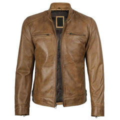Dodge Men's Camel Brown Genuine Leather Cafe Racer Biker Style Jacket