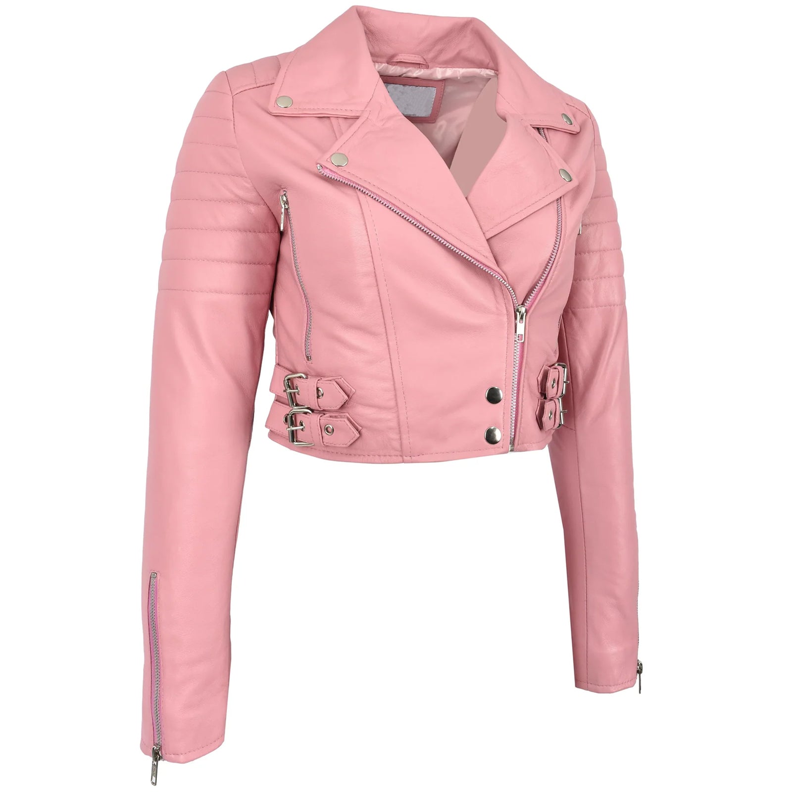 Women’s Cropped Leather Biker Jacket in Demi Baby Pink – Stylish Moto Fit