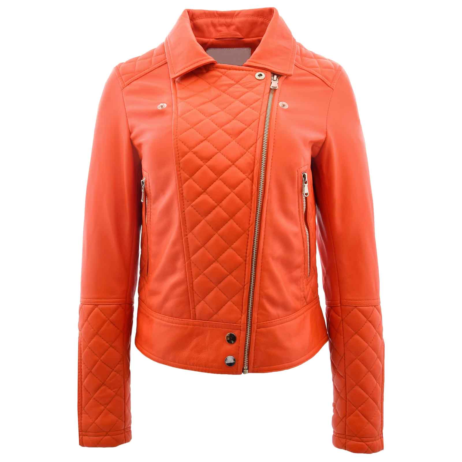 Ziva Orange Women’s Leather Biker Jacket | Quilted Detail Real Leather