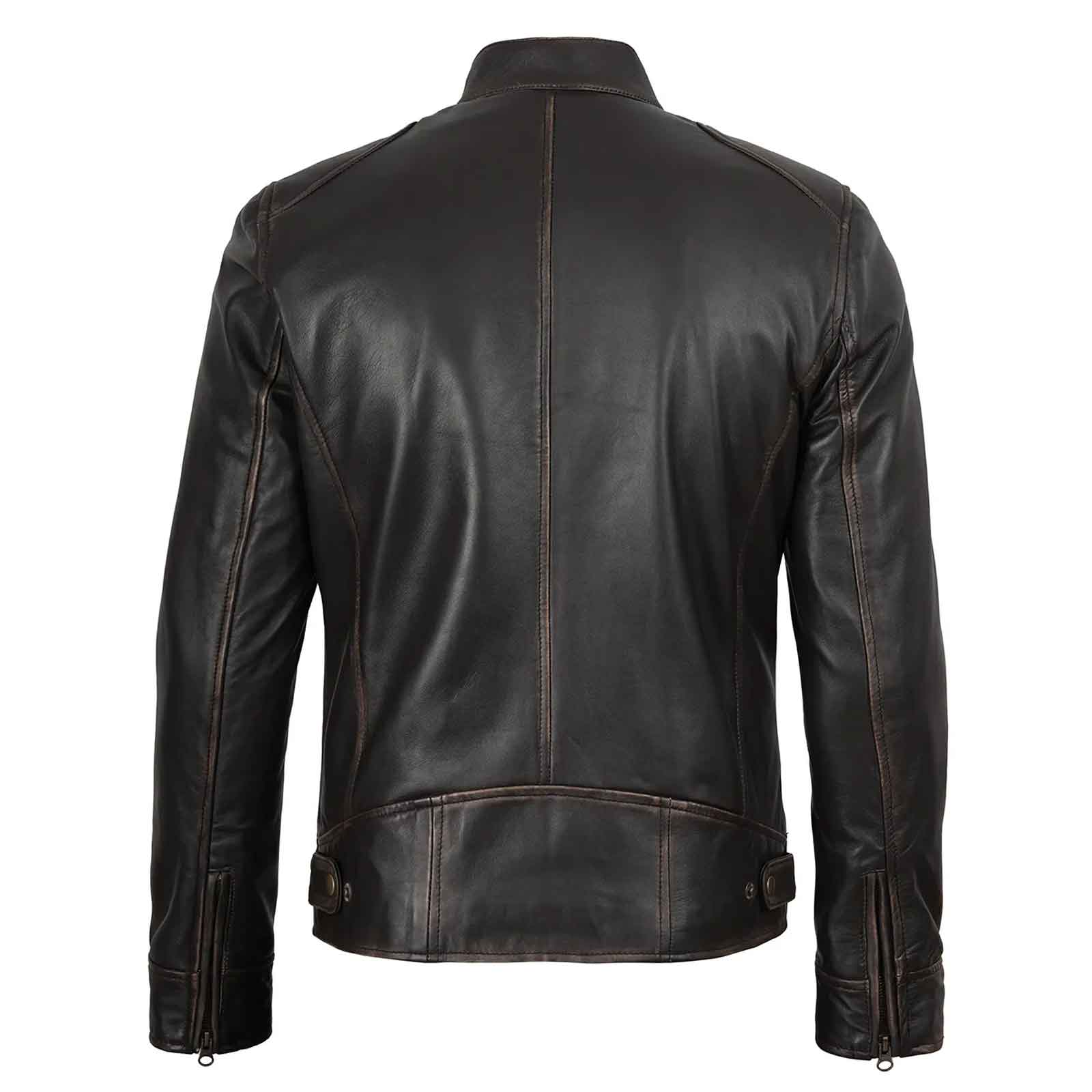 Rub-Off Dark Brown Men’s Leather Biker Jacket – Slim Fit Cafe Racer Classic