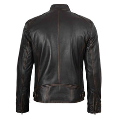 Rub-Off Dark Brown Men’s Leather Biker Jacket – Slim Fit Cafe Racer Classic