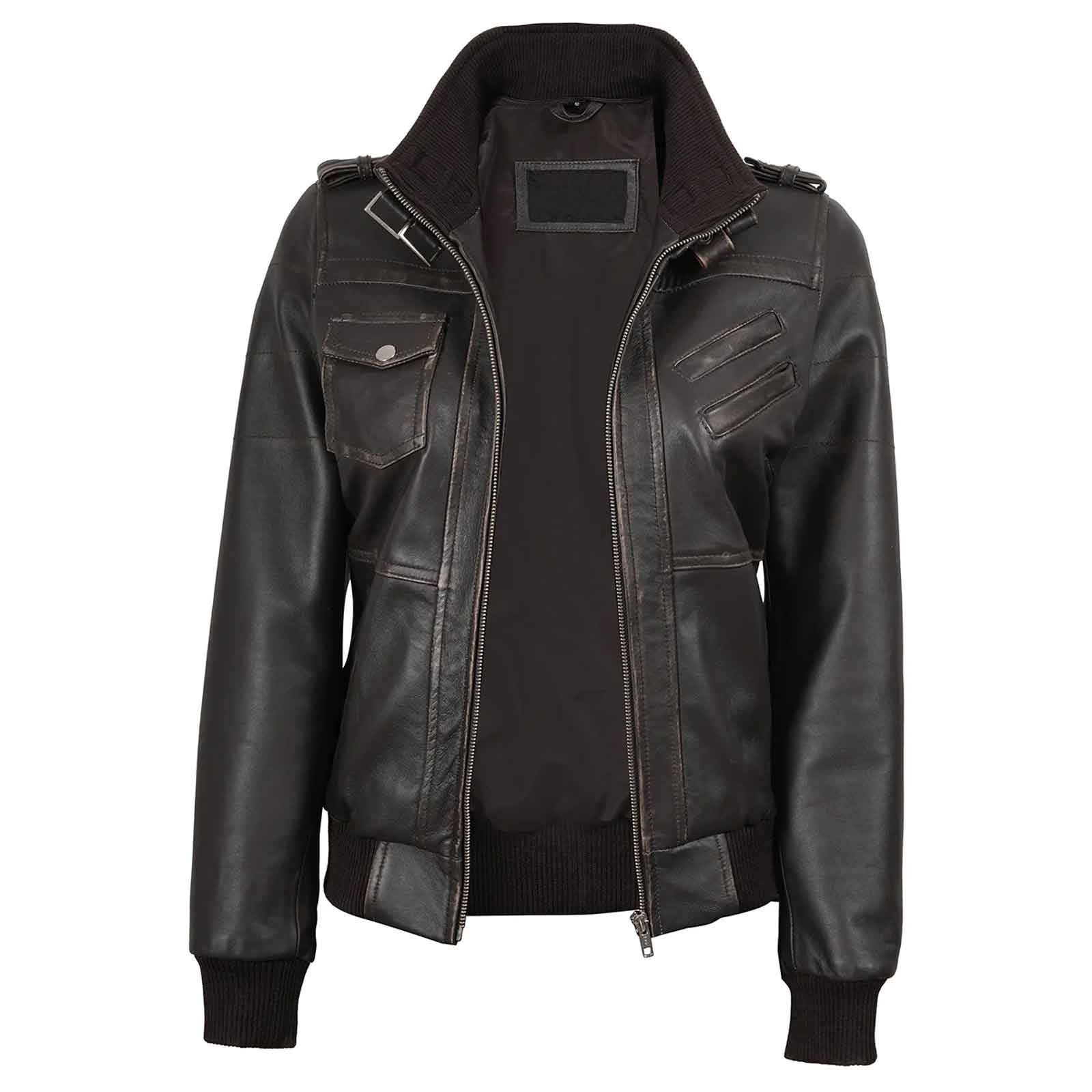 Dark Brown Rub Off Leather Jacket for Women with Removable Hood – Premium Casual Wear