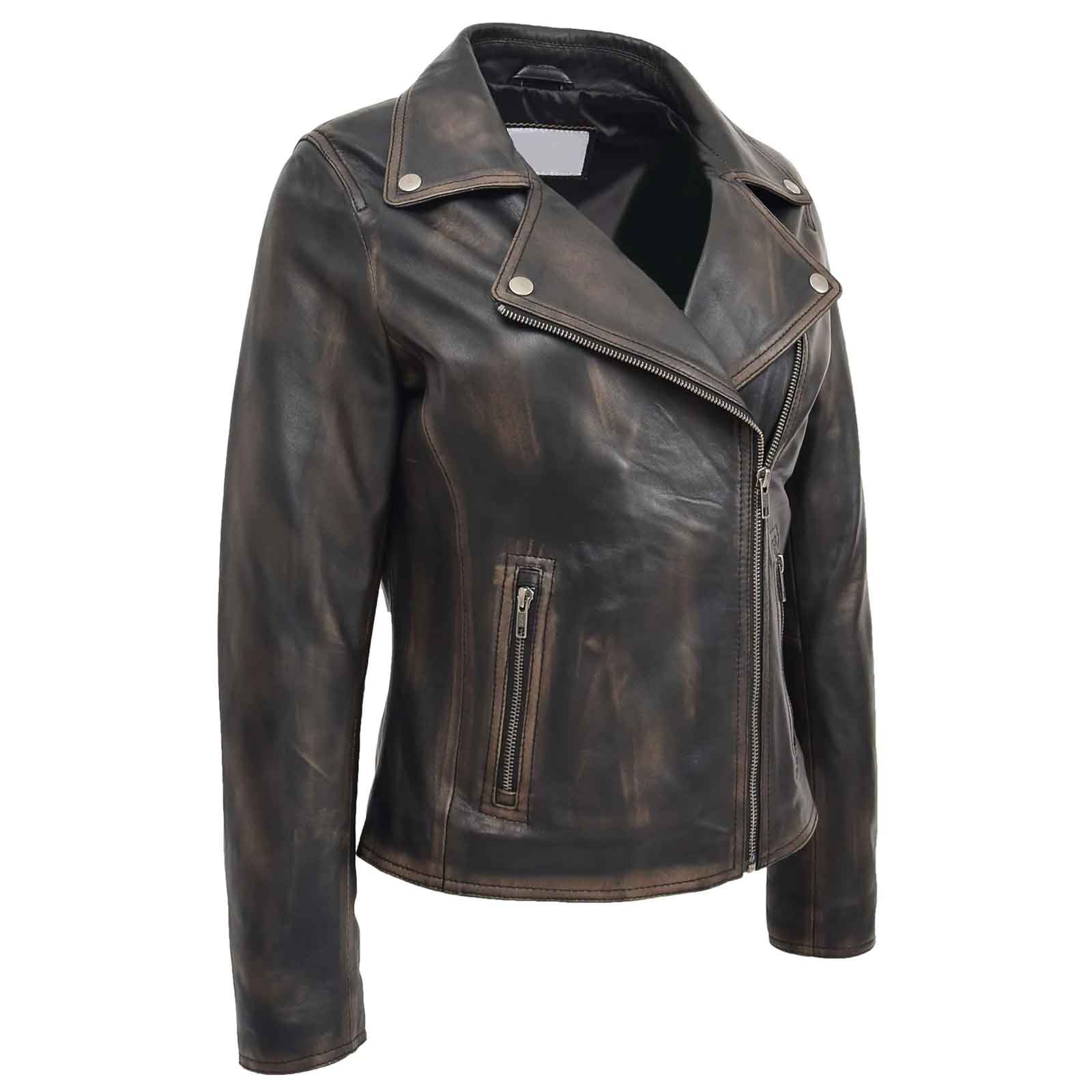 Regals Leather Women’s Soft Leather Cross Zip Biker Jacket – Lola Vintage Black
