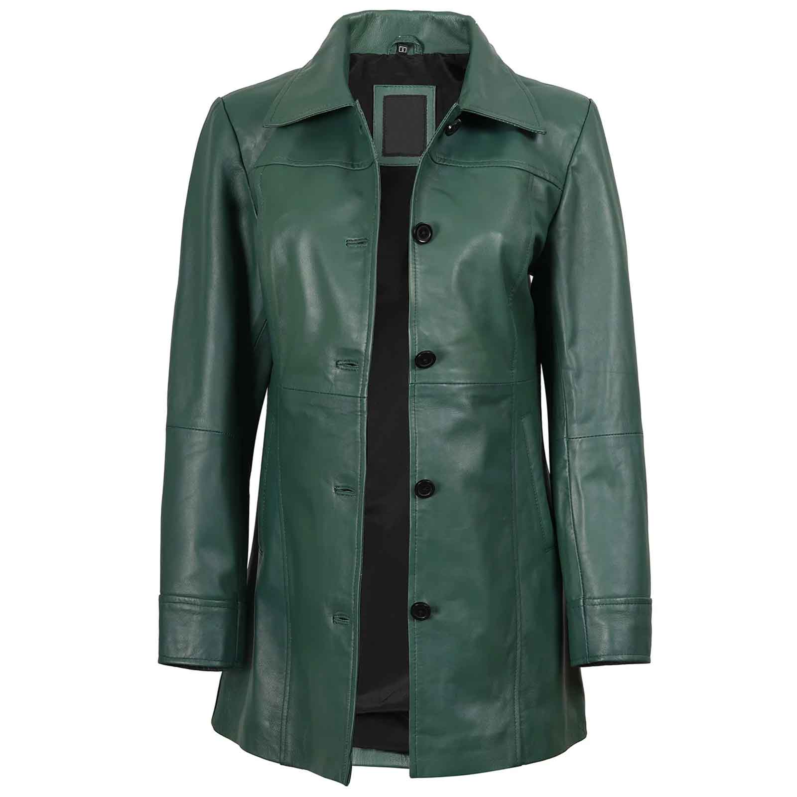 Regals Leather Genuine Women's Green Real Leather Car Coat