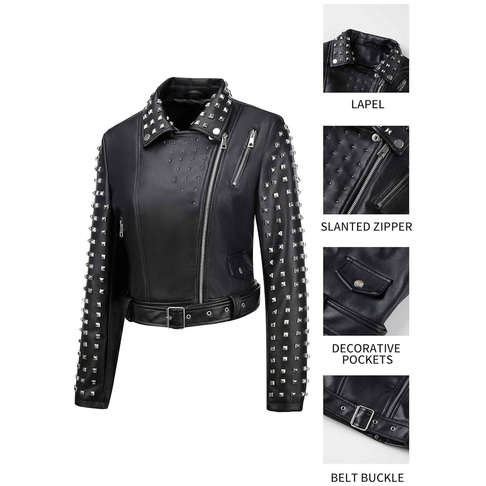Women’s Studded Faux Leather Moto Jacket | Rivet Short Biker Coat with Stand Collar