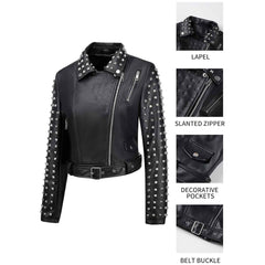Women’s Studded Faux Leather Moto Jacket | Rivet Short Biker Coat with Stand Collar