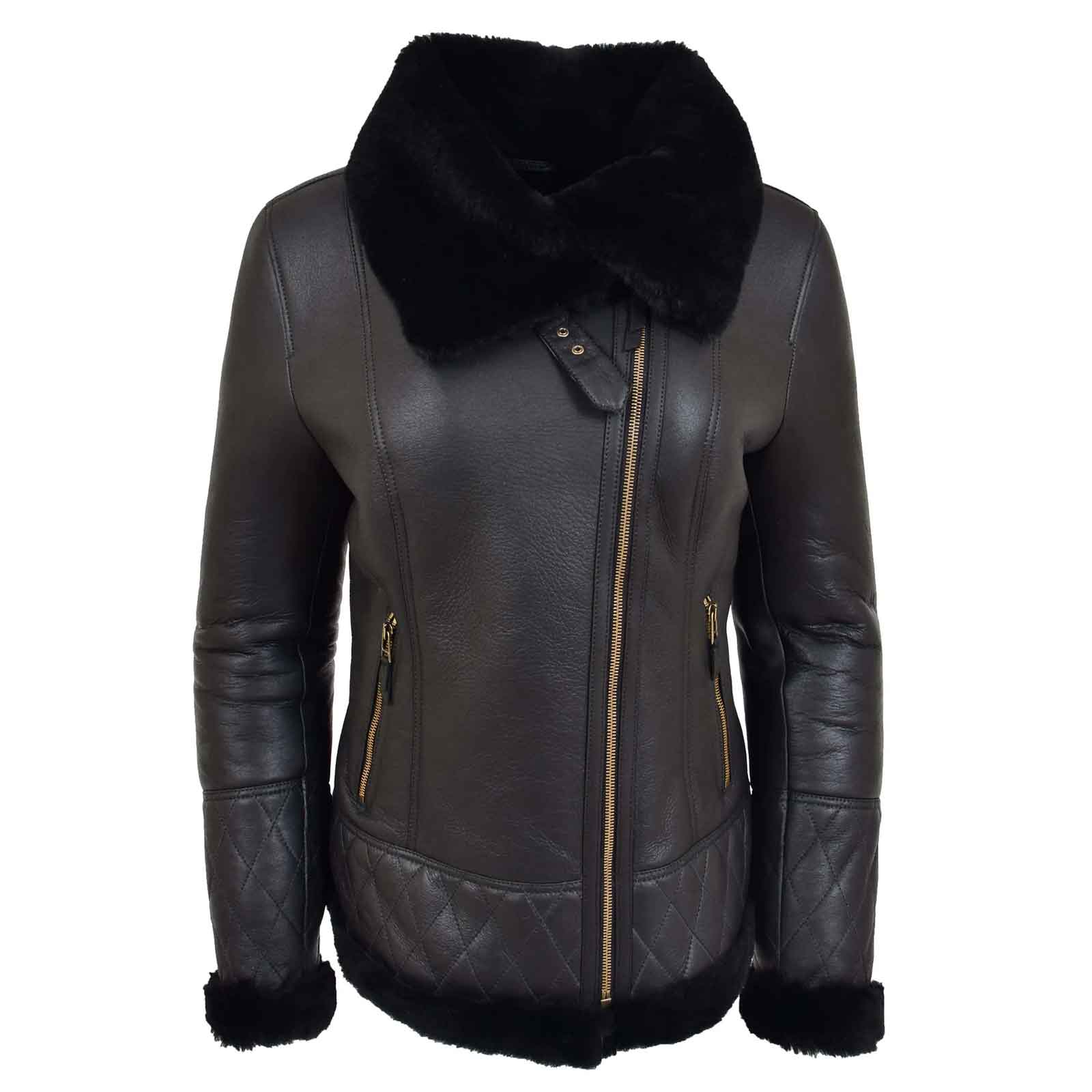 Women’s Merino Sheepskin Aviator Leather Jacket – Isabelle Black | Regals Leather