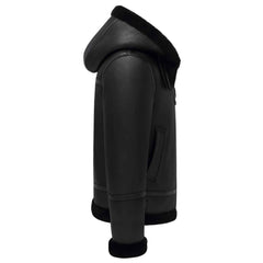 Regals Leather Men’s Black Hooded B3 Leather Bomber Jacket Aviator Flight Jacket