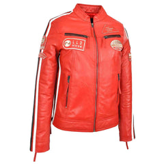 Ladies Rosa Red Leather Cafe Racer Biker Jacket – Motorcycle Style with Badges
