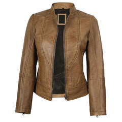 Women’s Camel Brown Leather Biker Jacket – Amy Lambskin | Regals Leather