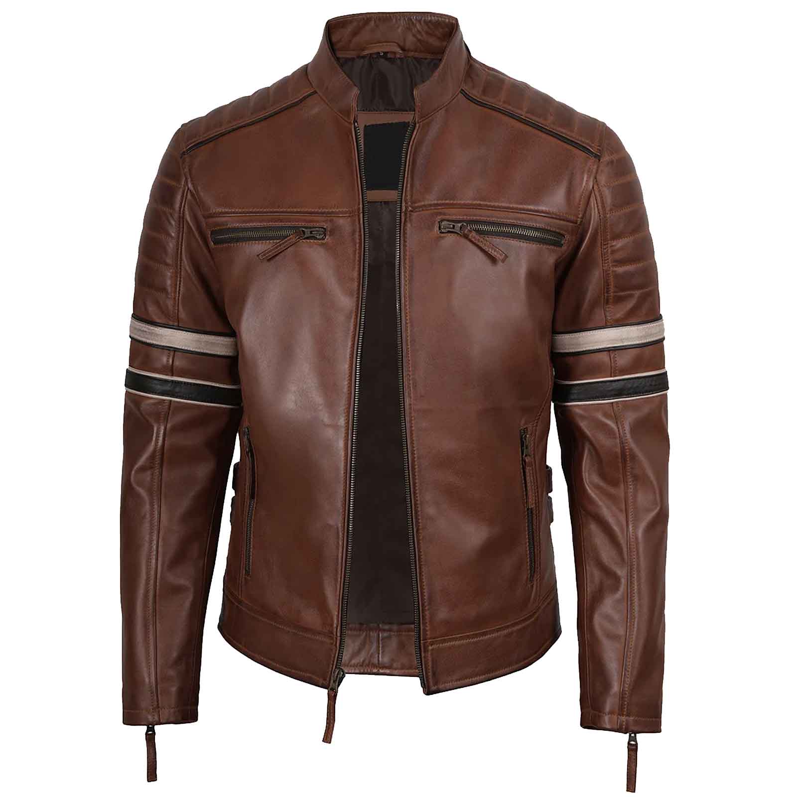 Biker Men's Cognac Brown Leather Racer Jacket with Black and Beige Stripes