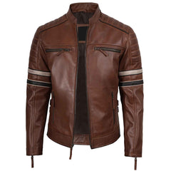 Biker Men's Cognac Brown Leather Racer Jacket with Black and Beige Stripes