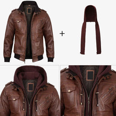 Edinburgh Men's Brown Bomber Genuine Leather Jacket With Removable Hood