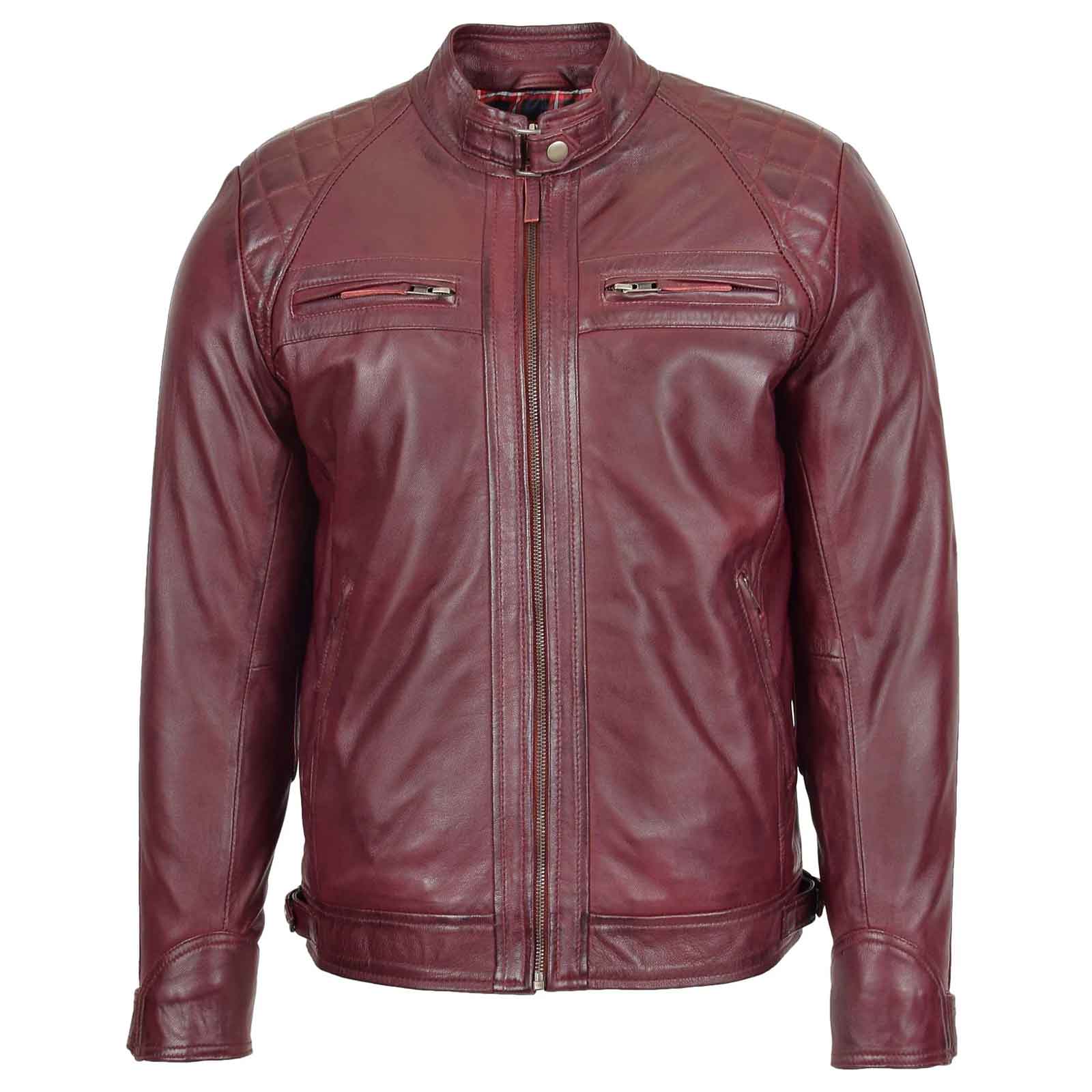 Men’s Burgundy Standing Collar Leather Jacket – Slim Fit Biker by Regals Leather
