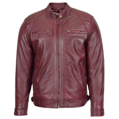 Men’s Burgundy Standing Collar Leather Jacket – Slim Fit Biker by Regals Leather