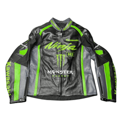 Chaqueta de cuero para hombre de motociclismo, negra, certificada CE, estilo Kawasaki