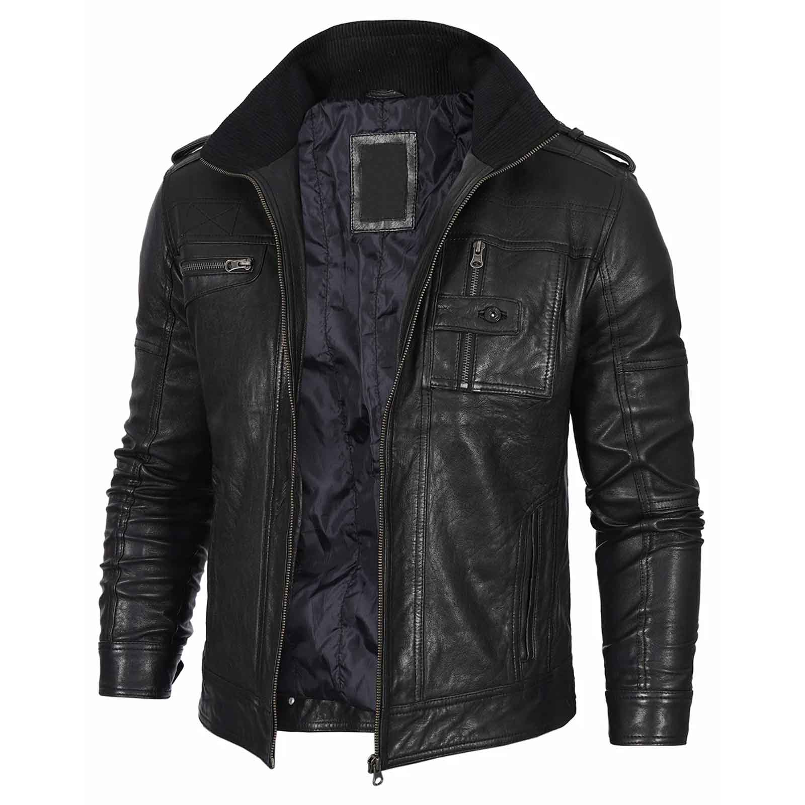 Men's Black Waxed Cafe Racer Style Lambskin Leather Jacket Regals Leather