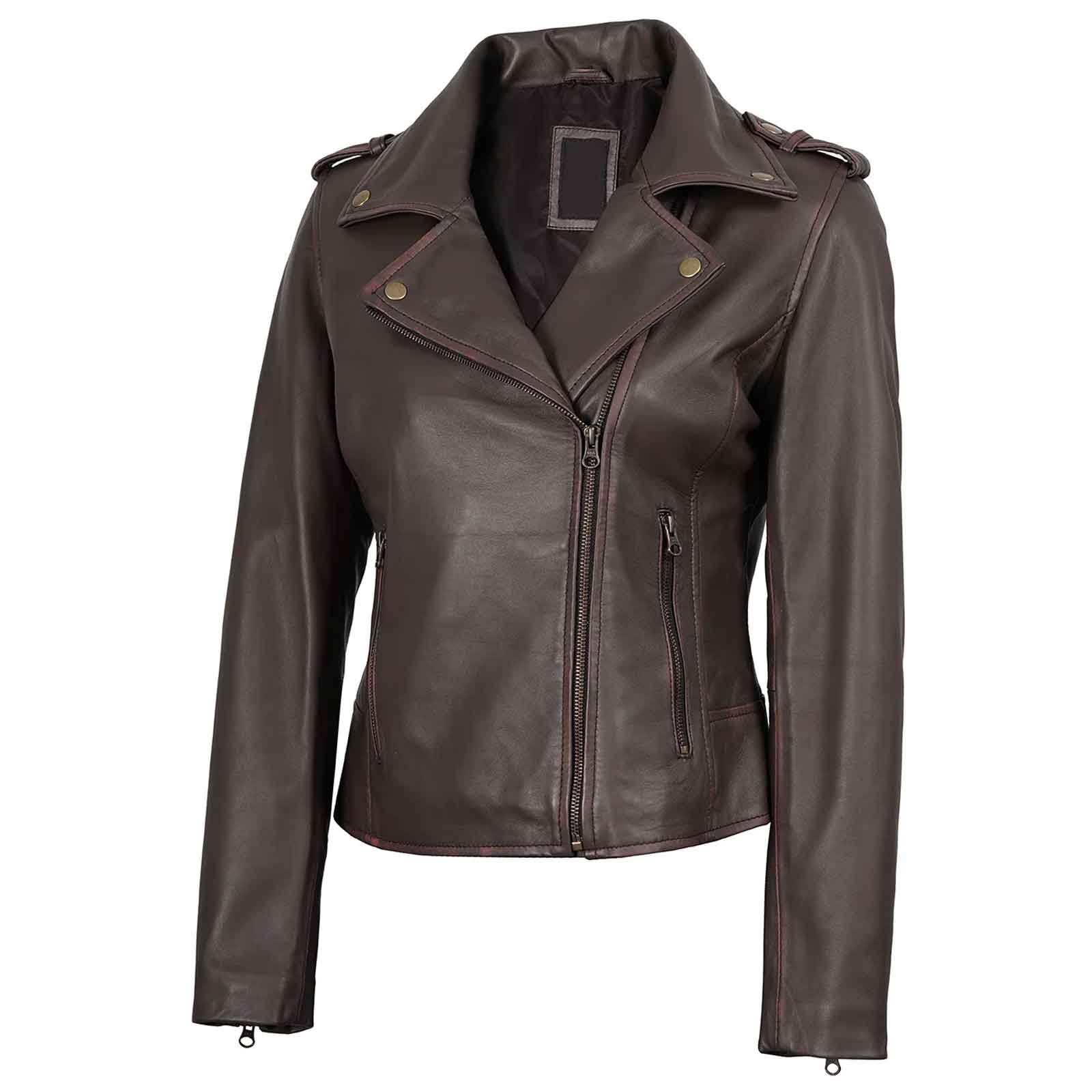 Regals Leather Vintage Women's Dark Brown Asymmetrical Leather Jacket