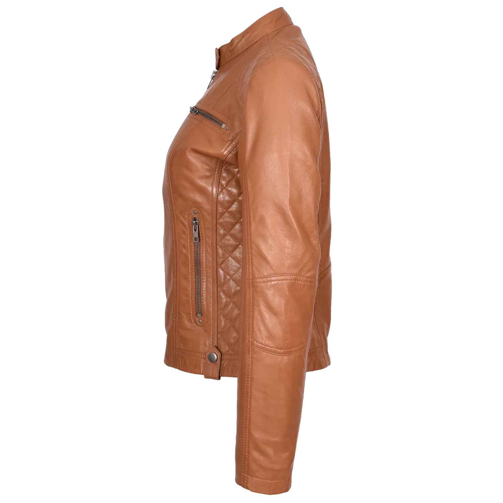 Women’s Soft Tan Leather Biker Jacket – Fitted Quilted Cafe Racer Style | Fiona