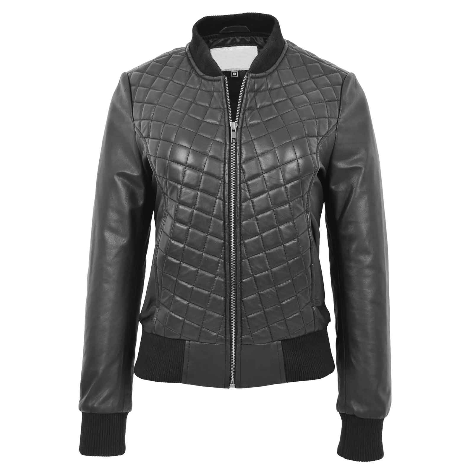 Women’s Real Leather Varsity Bomber Jacket Black – Sally Quilted Design
