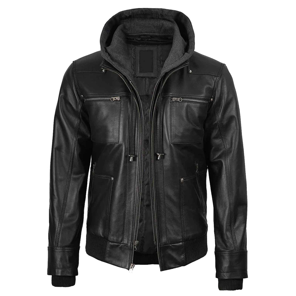 Men's Black Bomber Lambskin Leather Jacket with Removable Hood