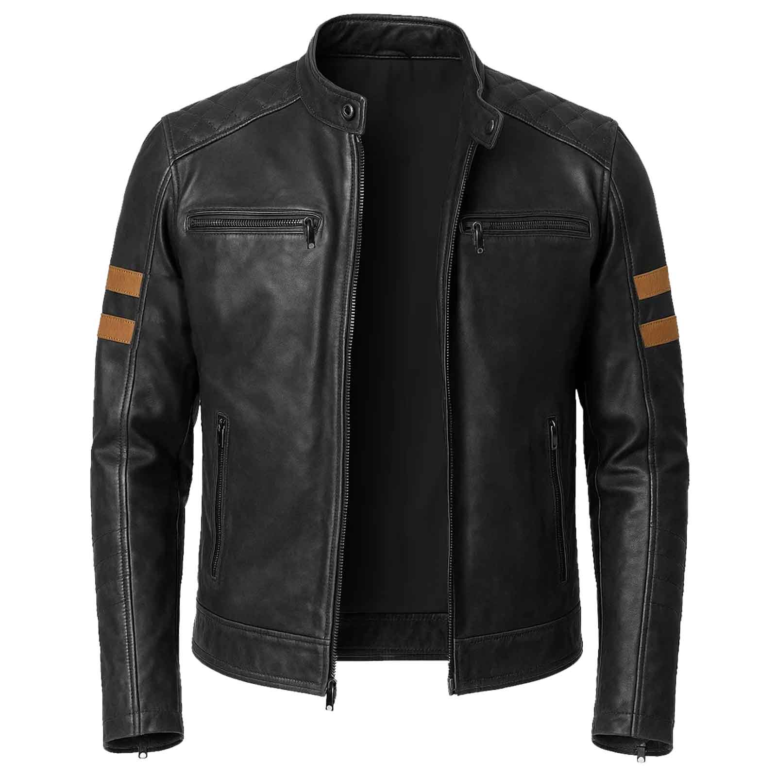 Vintage Men's Black Biker Style Leather Jacket with Tan Accent Stripes