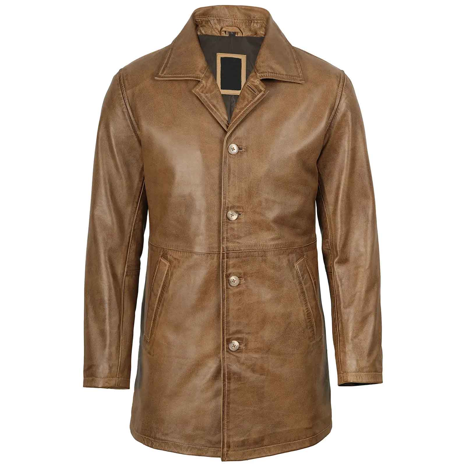 Men's Camel Brown 3/4 Length Leather Car Coat Genuine Lambskin Jacket