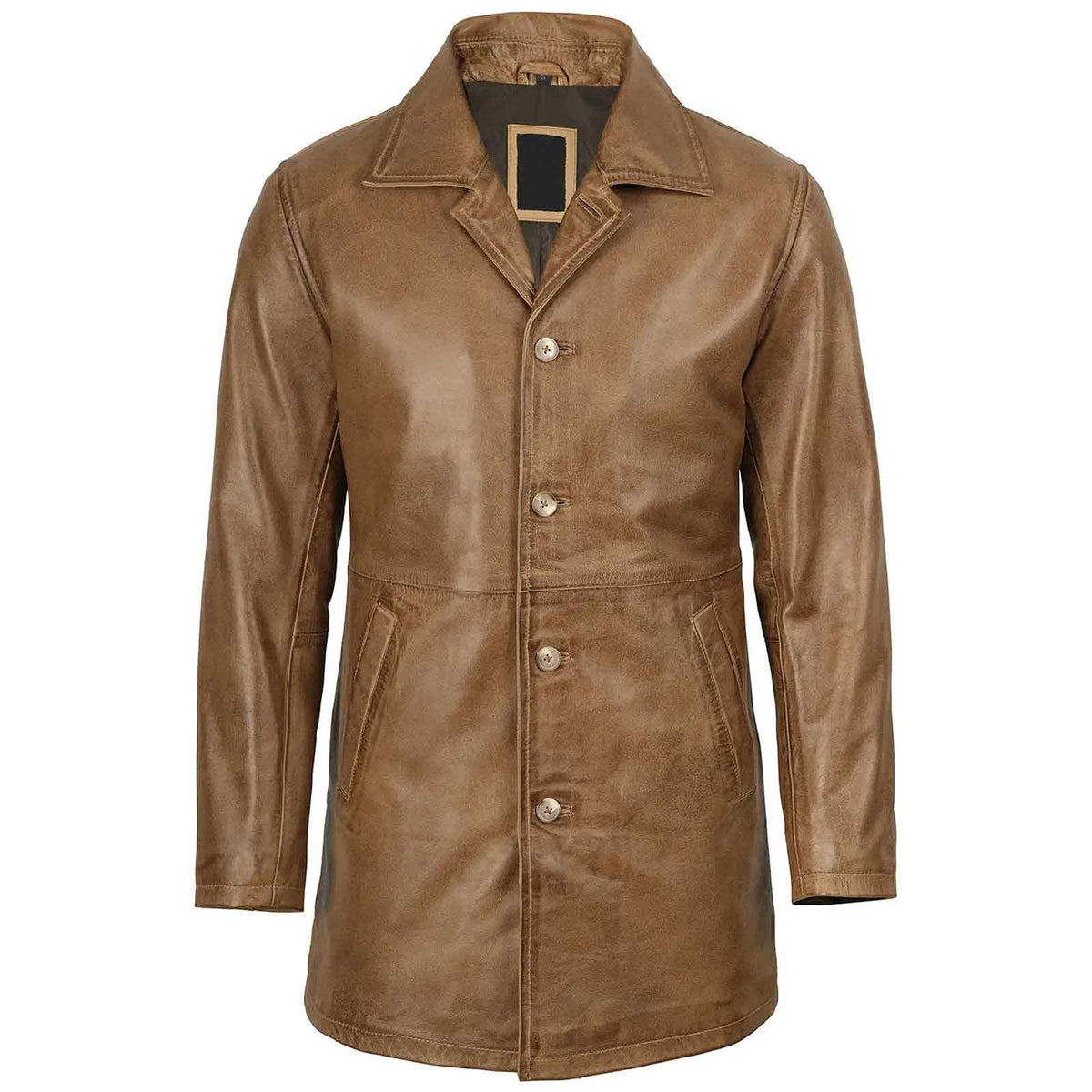 Men's Camel Brown 3/4 Length Leather Car Coat Genuine Lambskin Jacket