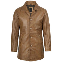 Men's Camel Brown 3/4 Length Leather Car Coat Genuine Lambskin Jacket