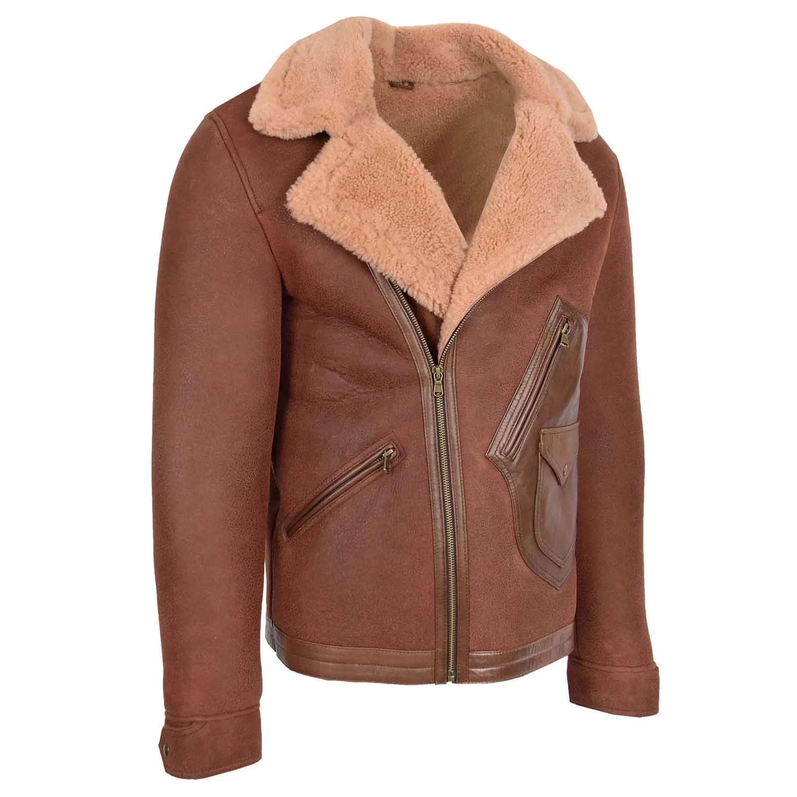 Men’s Sheepskin Aviator Jacket – Dustin Brown Ginger Cross Zip Biker Style | Regals Leather