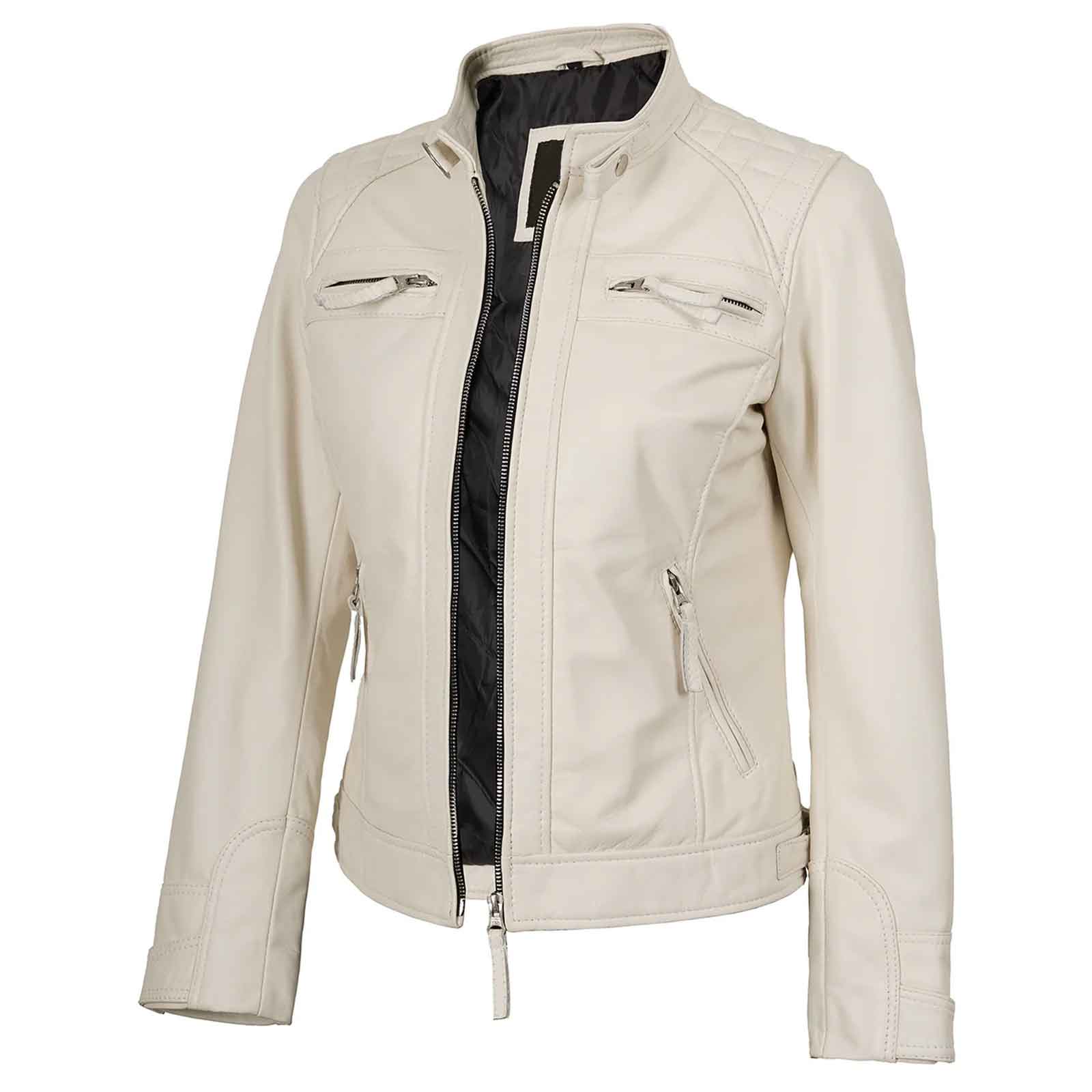 Women’s Off White Quilted Cafe Racer Leather Jacket – Johnson Real Lambskin Biker Coat