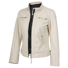 Women’s Off White Quilted Cafe Racer Leather Jacket – Johnson Real Lambskin Biker Coat