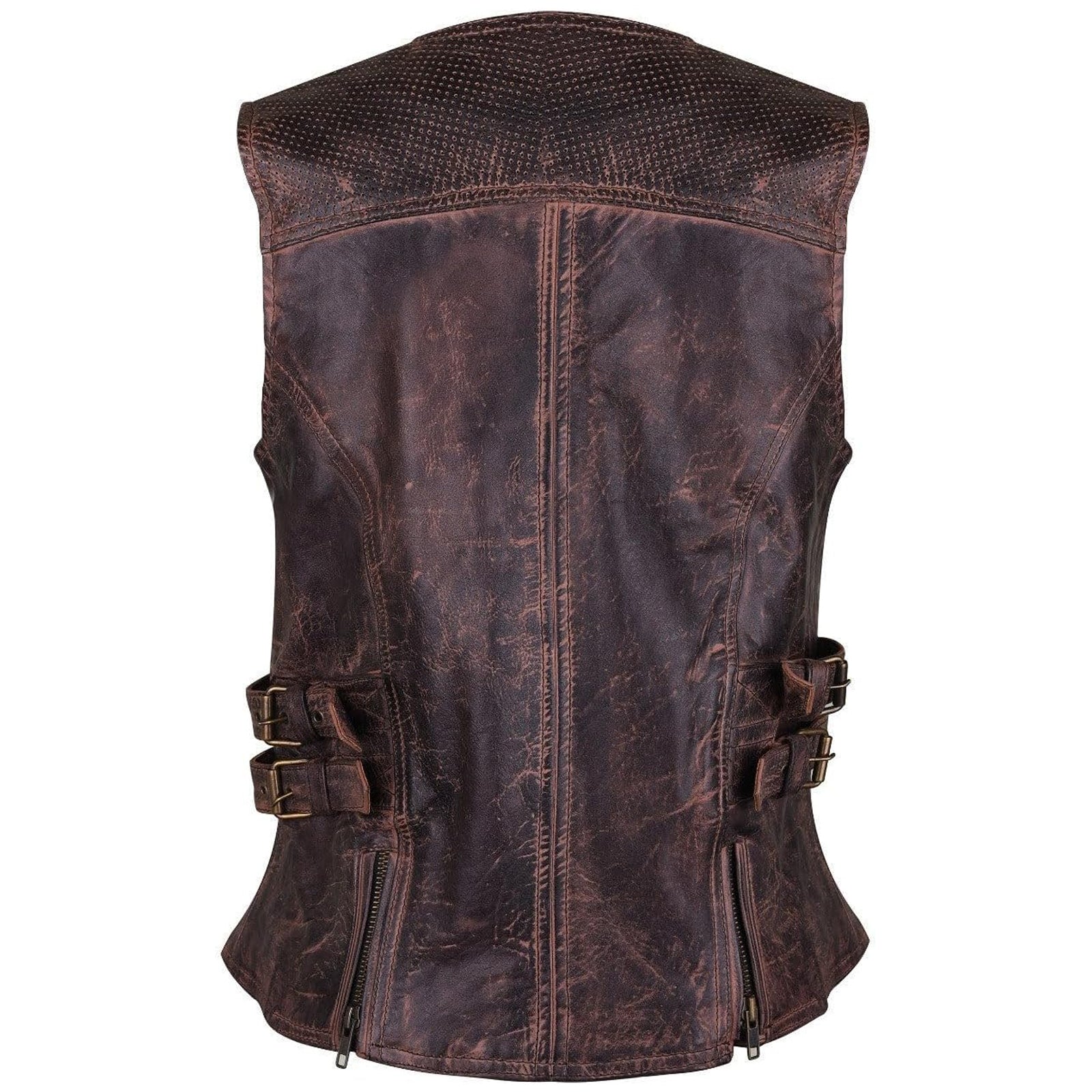 Women's Black Premium Cowhide Biker Motorcycle Leather Vest with Cowgirl Western Leather Outwear, Adjustable Side Buckles