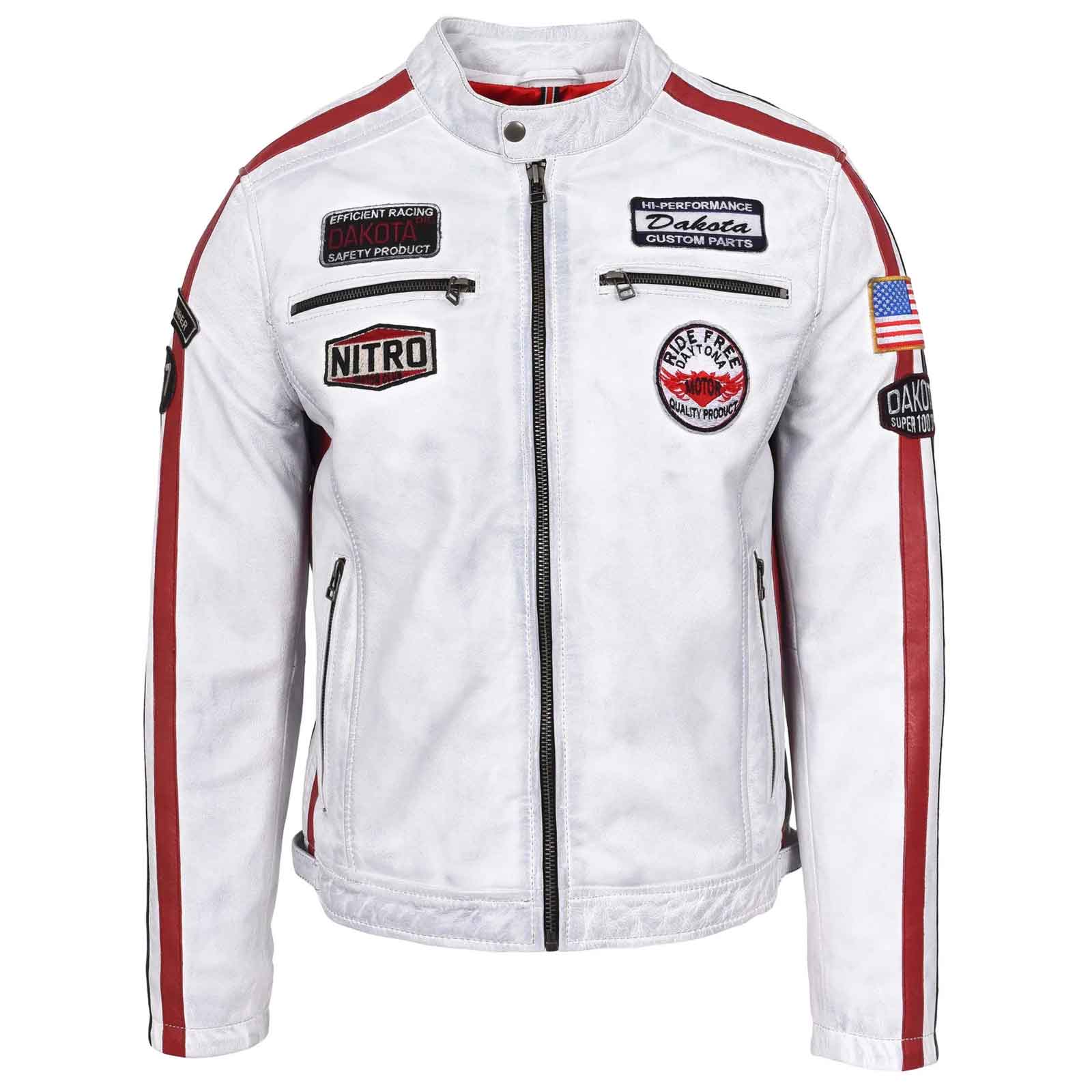 Men’s Real Leather Biker Jacket – Bobby Vintage White Racing Jacket with Motorsport Patches