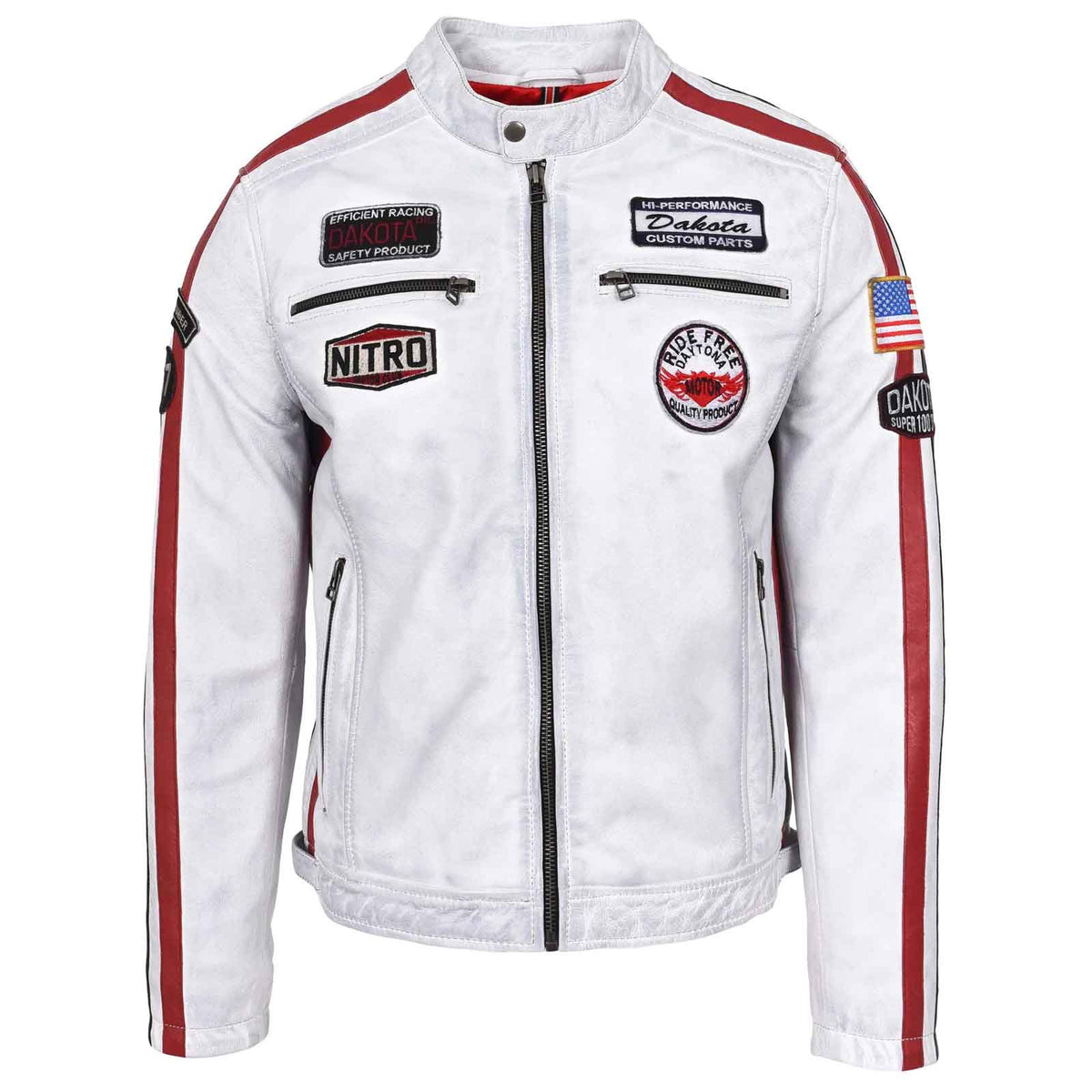 Men’s Real Leather Biker Jacket – Bobby Vintage White Racing Jacket with Motorsport Patches