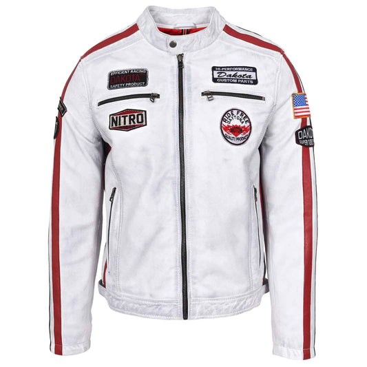 Men’s Real Leather Biker Jacket – Bobby Vintage White Racing Jacket with Motorsport Patches