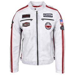Men’s Real Leather Biker Jacket – Bobby Vintage White Racing Jacket with Motorsport Patches