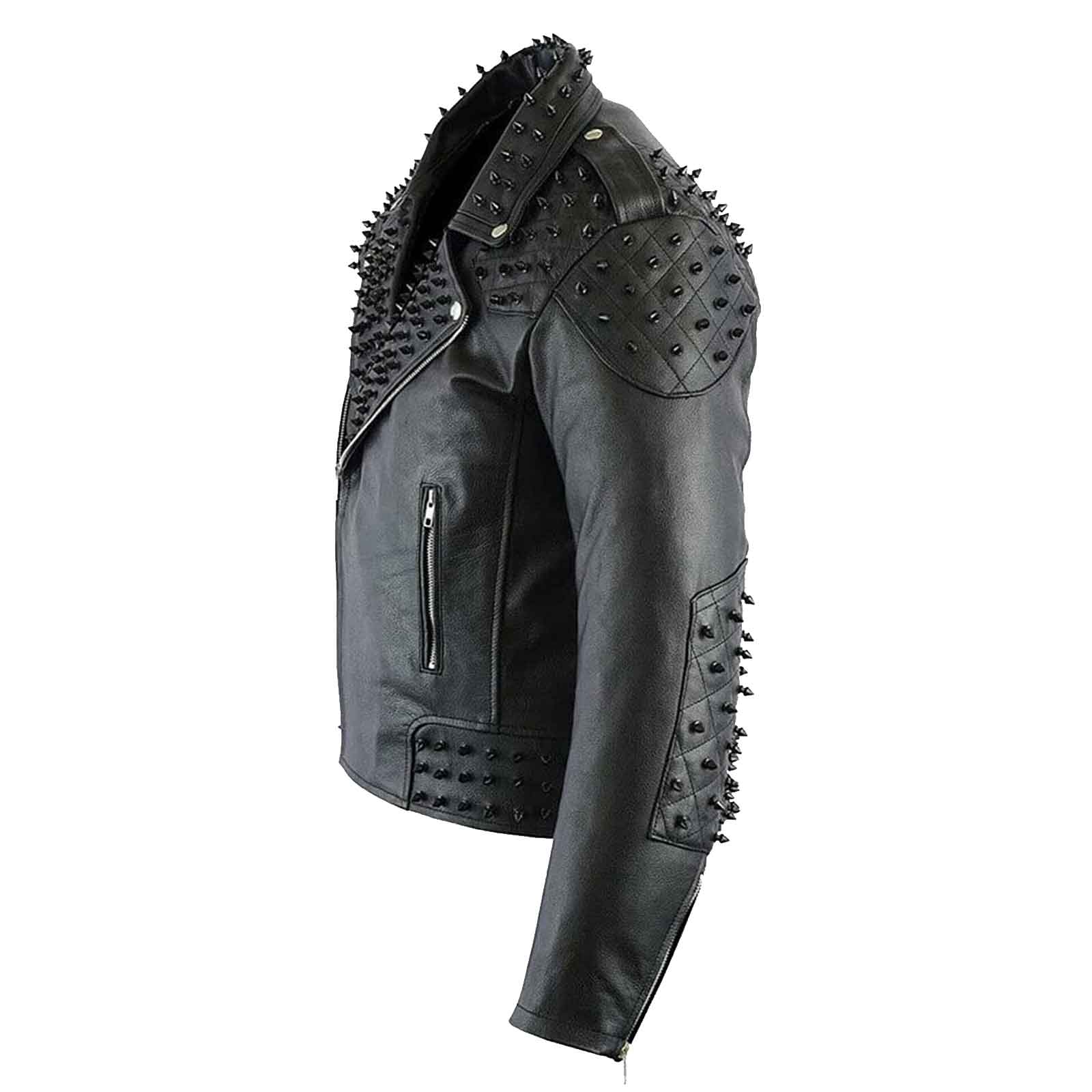 Black Metal Studded Full Sleeve Multipocketed Original Leather Jacket