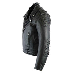 Black Metal Studded Full Sleeve Multipocketed Original Leather Jacket