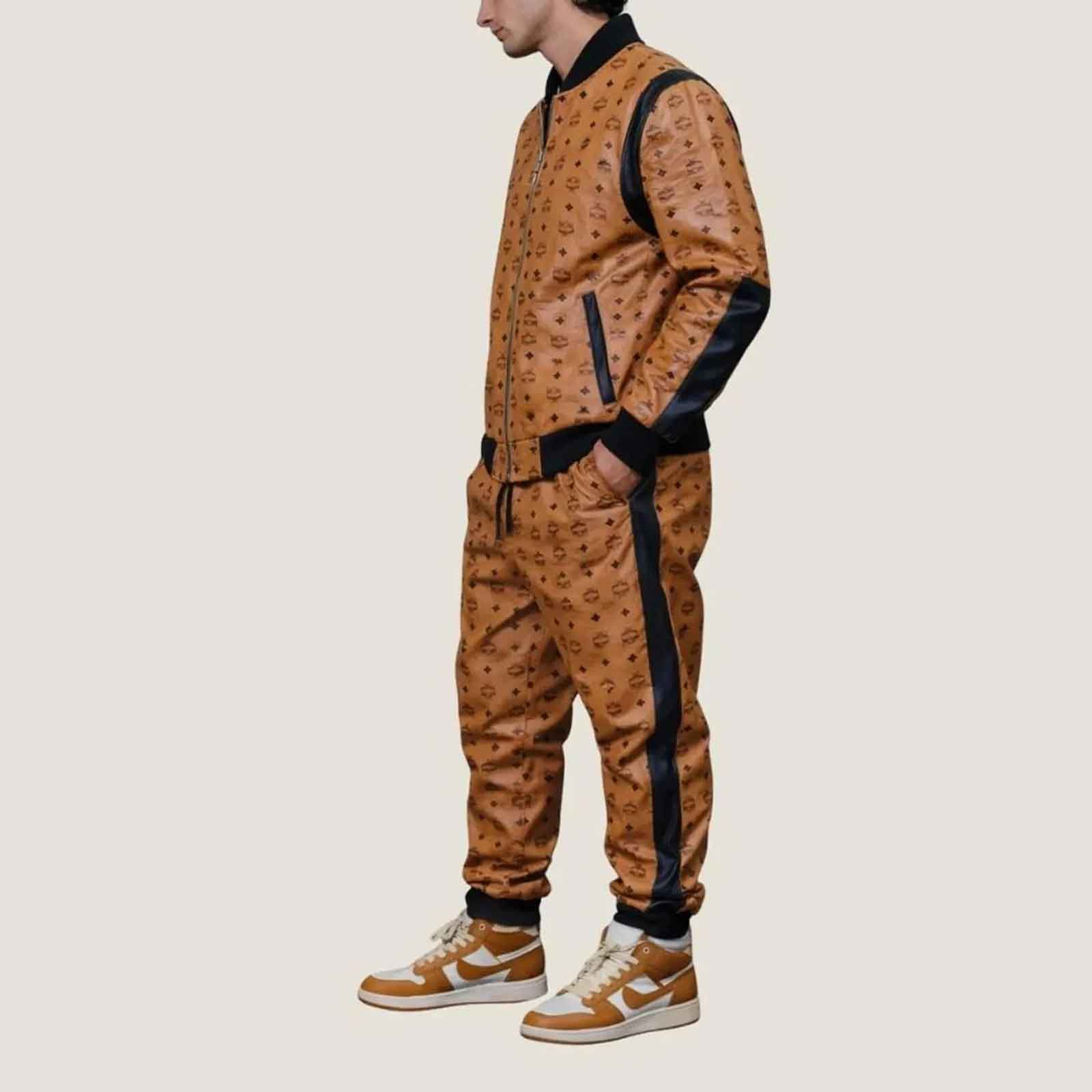 MCM Men’s Monogram Print Leather Tracksuit Set | Brown & Black Cowhide Bomber Jacket & Jogger Pants