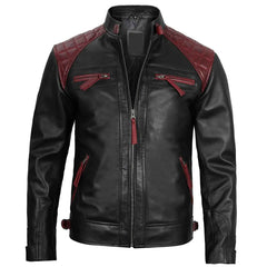 Rollins Men's Black and Burgundy Genuine Lambskin Quilted Biker Style Leather Jacket