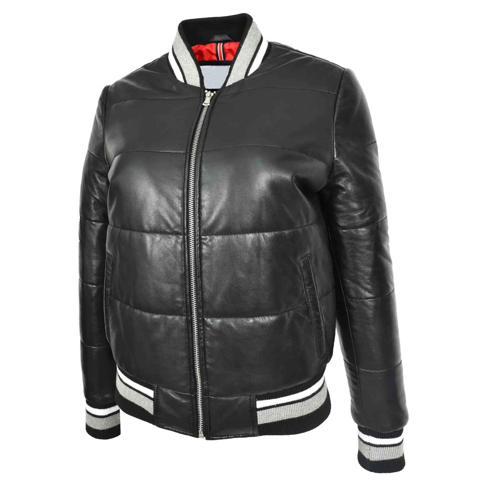 Regals Leather Premium Durability Women's Real Leather Puffer Bomber Jacket Dolly Black