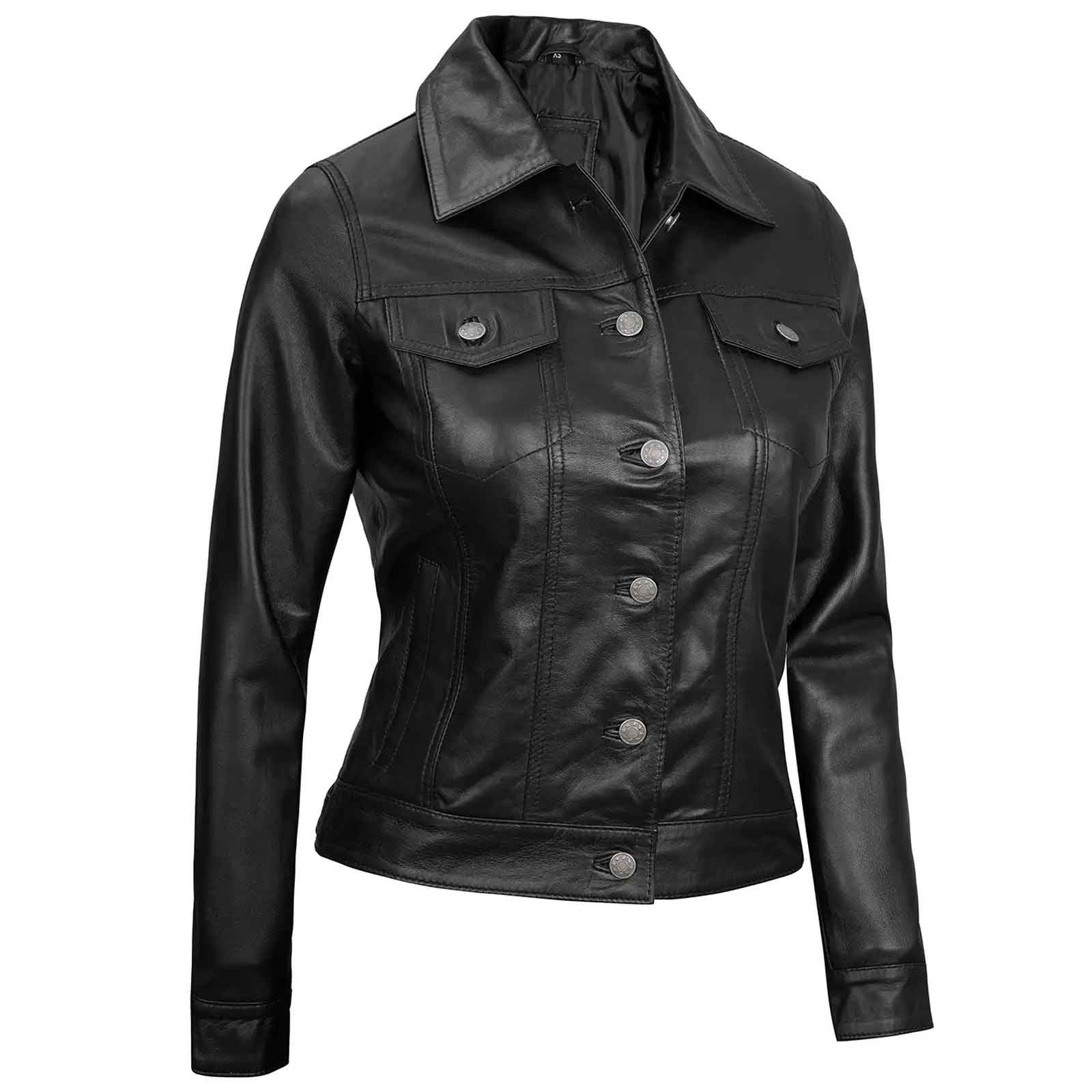 Stylish Vintage Fernando Women's Black Leather Trucker Jacket | Regals Leather