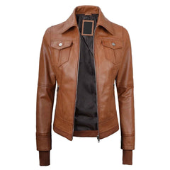 Regals Leather Tralee Women's Tan Brown Wax Bomber Leather Jacket With Removable Hood