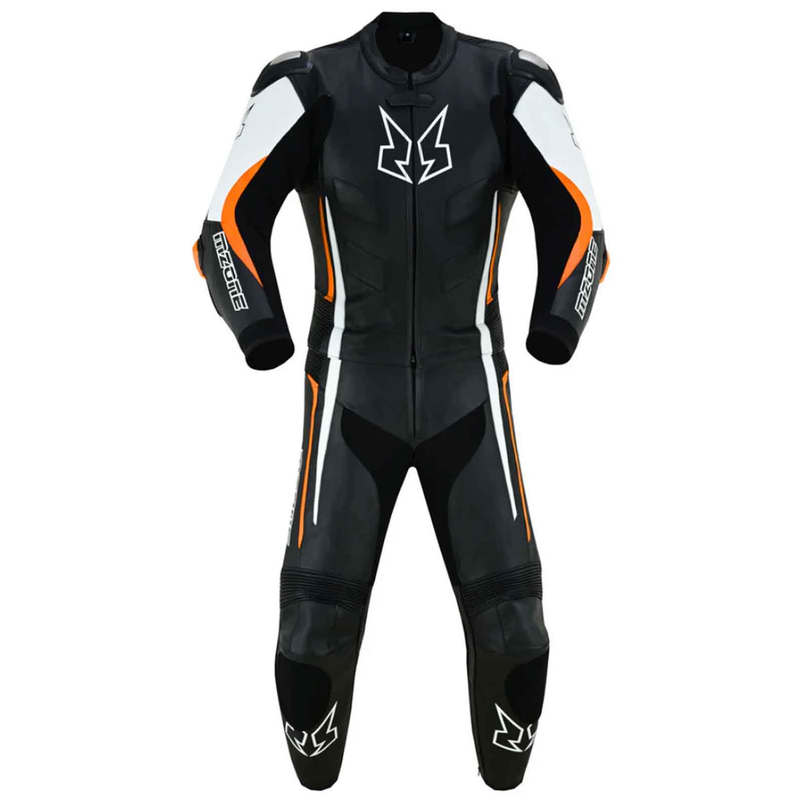 MZONE Imola Leather Bike Suit 2PC – High-Performance Professional Riding Suit in Black/White/Orange for Riders