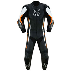 MZONE Imola Leather Bike Suit 2PC – High-Performance Professional Riding Suit in Black/White/Orange for Riders