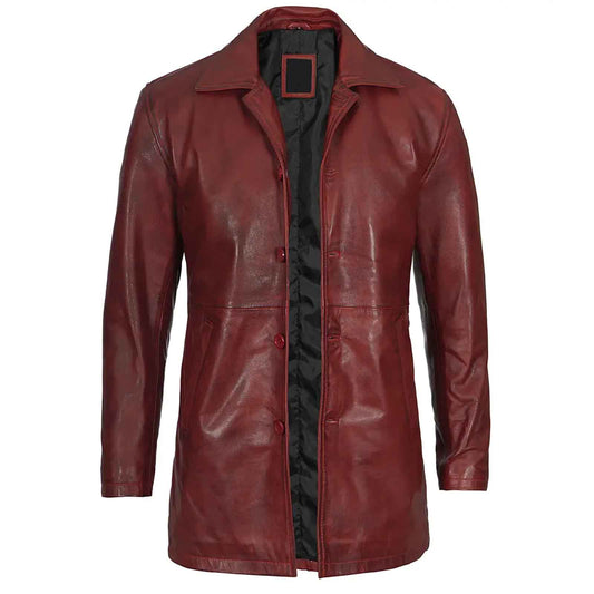 Burgundy Men’s Real Lambskin Leather Car Coat Genuine Leather Long Jacket