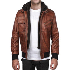 Men's Leather Jacket Genuine Motorcycle Fashion Jacket With Removable Hood Brown Leather Jacket For Man
