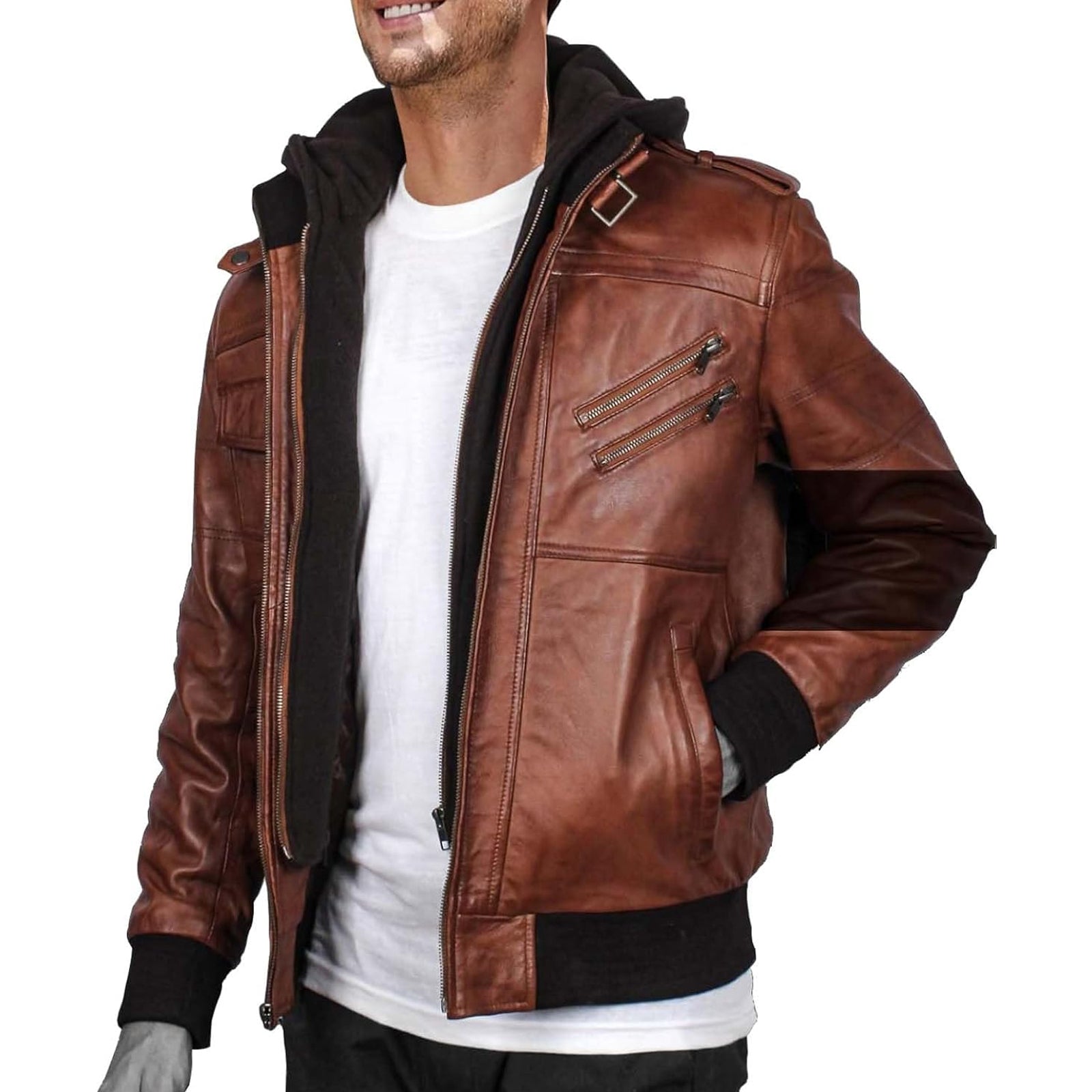 Men's Leather Jacket Genuine Motorcycle Fashion Jacket With Removable Hood Brown Leather Jacket For Man